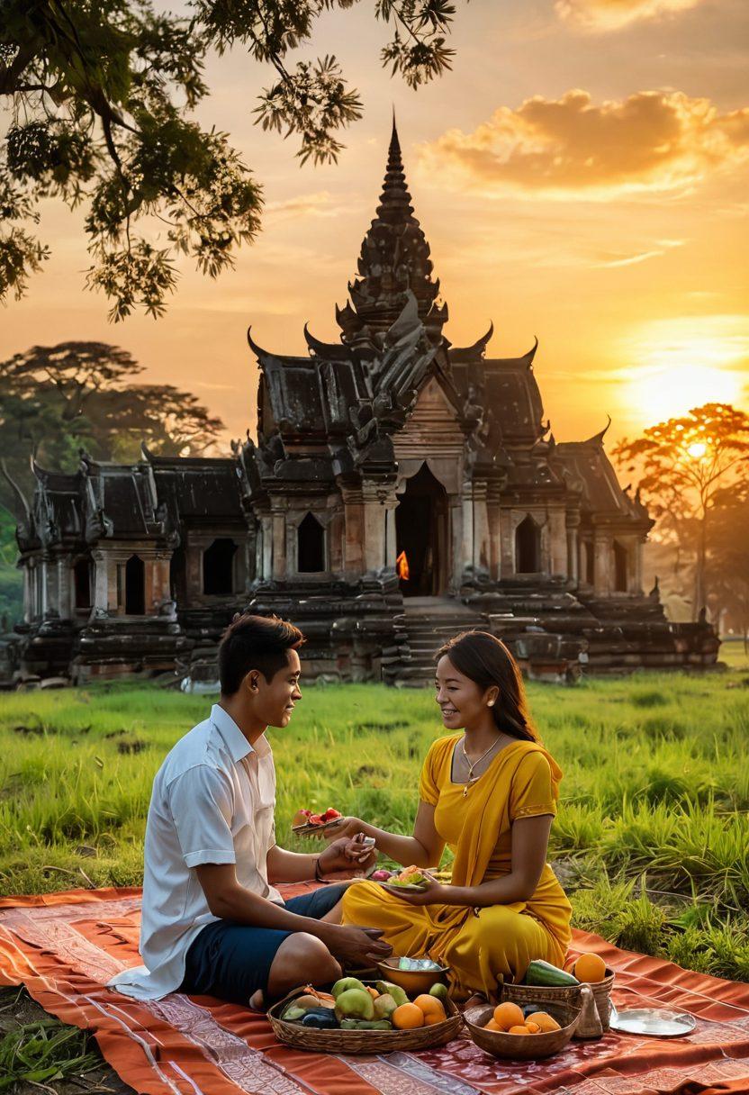 A serene Cambodian landscape at sunset, featuring a couple enjoying a traditional picnic with colorful dishes and local fruits, surrounded by lush greenery and ancient temples in the background. Incorporate elements of joy and affection, such as soft smiles and gentle hand-holding, to embody romance and well-being. Capture a warm, inviting atmosphere with vibrant colors. super-realistic. vibrant colors. sunset glow.