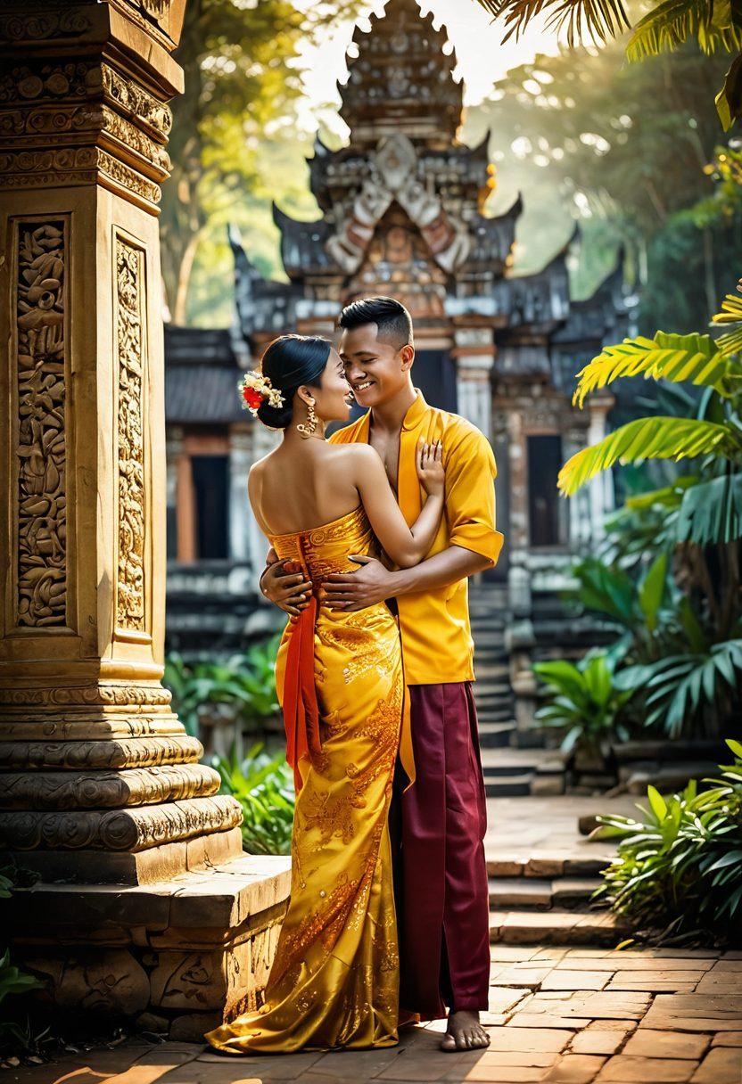 A vibrant scene depicting a joyful Khmer couple embracing each other in traditional clothing, surrounded by lush tropical foliage and intricate temple architecture in the background. The atmosphere should evoke warmth and intimacy, with soft golden light filtering through the trees, highlighting their smiles. Include elements of traditional Khmer art, like motifs and patterns, subtly woven into the scene. super-realistic. vibrant colors.