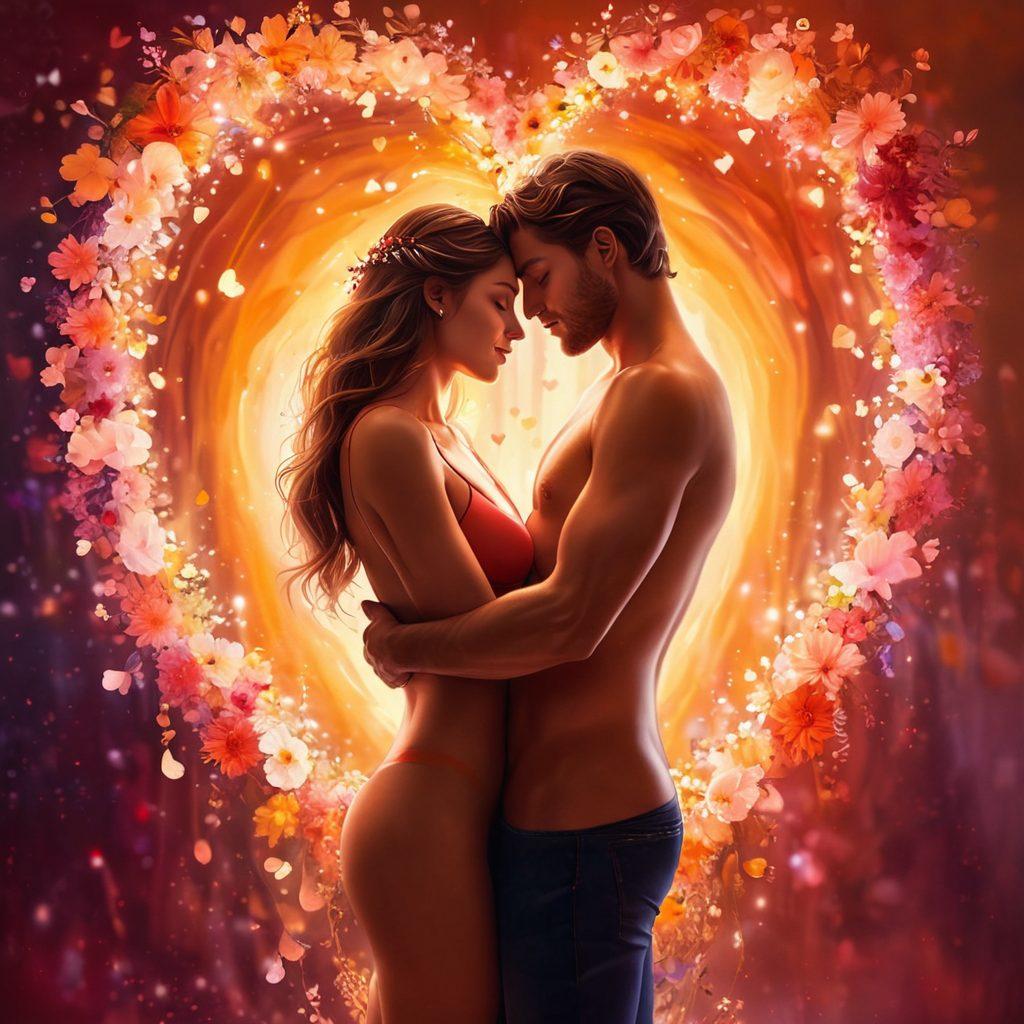 A romantic scene depicting two figures entwined in an embrace, surrounded by floating hearts and soft, glowing lights, symbolizing love and sensuality. The background features abstract swirls of warm colors representing passion, and delicate flowers that add a touch of elegance. The atmosphere is dreamy and tranquil, inviting viewers to feel the essence of euphoria in relationships. super-realistic. vibrant colors. soft focus.